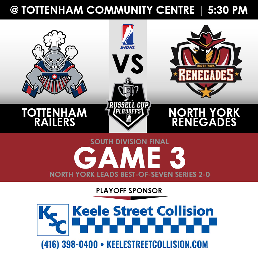 EARLY START TIME!

Puck drops on Game 3 tonight in Tottenham at 5:30 p.m. as YOUR Renegades look to take a 3-0 series lead against the Railers in the GMHL South Division final.

#gmhl #unitedinred #hockey #hockeydevelopment #juniorhockey