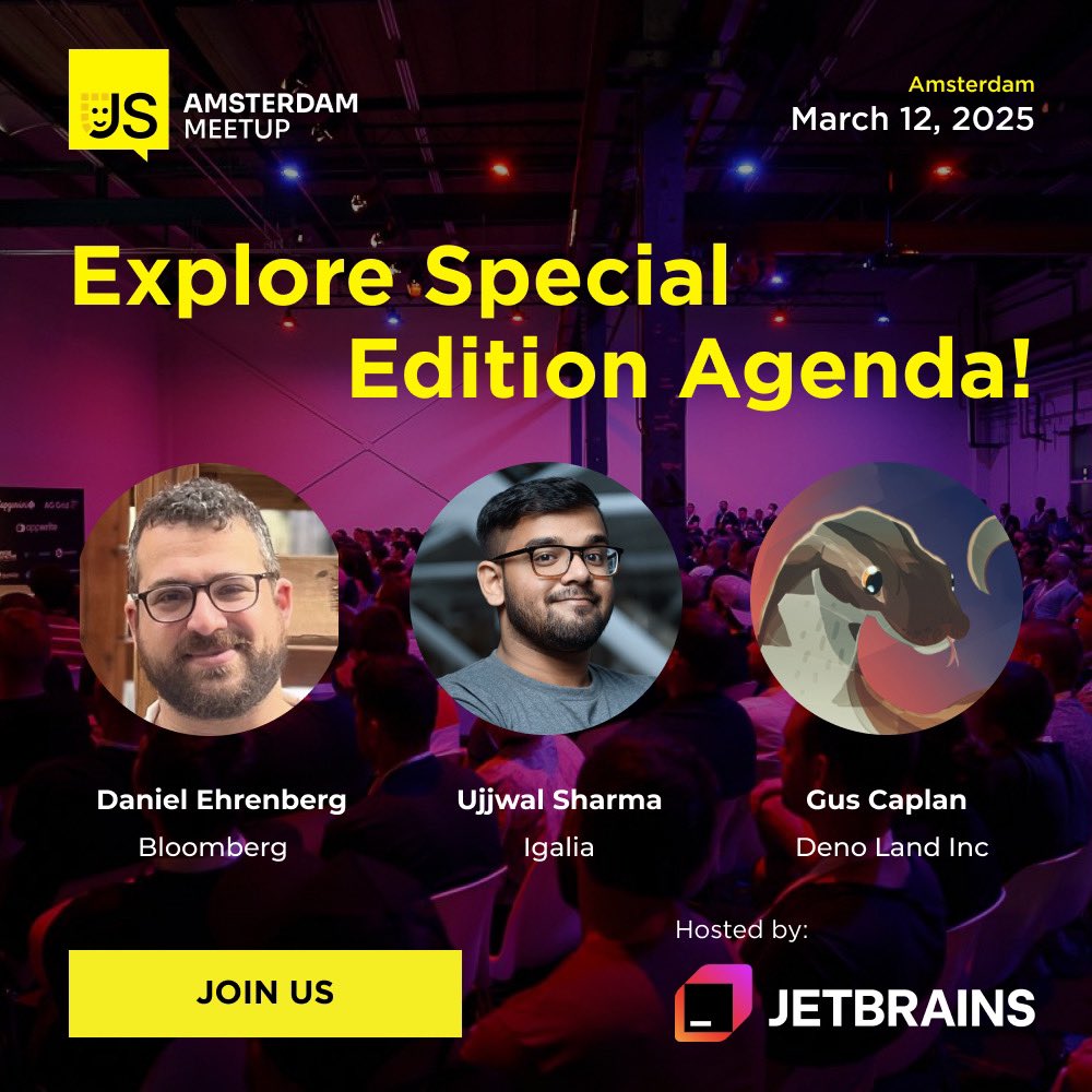 JSNation | The key JS conference (@thejsnation) on Twitter photo Don’t miss tomorrow’s Special Edition! 🚀 #AmsterdamJSMeetup
• Daniel Ehrenberg - A History of TC39's JavaScript Decorators proposal
• <a href="/ryzokuken/">Ujjwal Sharma</a> - MessageFormat: The future of i18n on the web
• Gus Caplan, Daniel Ehrenberg, <a href="/ryzokuken/">Ujjwal Sharma</a> - TC39 Panel
📅 Date: March 12
📍 Don’t miss tomorrow’s Special Edition! 🚀 #AmsterdamJSMeetup
• Daniel Ehrenberg - A History of TC39's JavaScript Decorators proposal
• <a href="/ryzokuken/">Ujjwal Sharma</a> - MessageFormat: The future of i18n on the web
• Gus Caplan, Daniel Ehrenberg, <a href="/ryzokuken/">Ujjwal Sharma</a> - TC39 Panel
📅 Date: March 12
📍