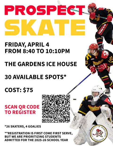 🚨 Calling all hockey prospects! 🚨

🔥 30 spots (26 skaters, 4 goalies)
🎟️ $75 – First come, first serve!
🎓 Priority for 2025-26 UMD admitted students 

Showcase your skills with Maryland Hockey! 🐢🏒

🔗 Register now: bit.ly/UMDPROSPECTS