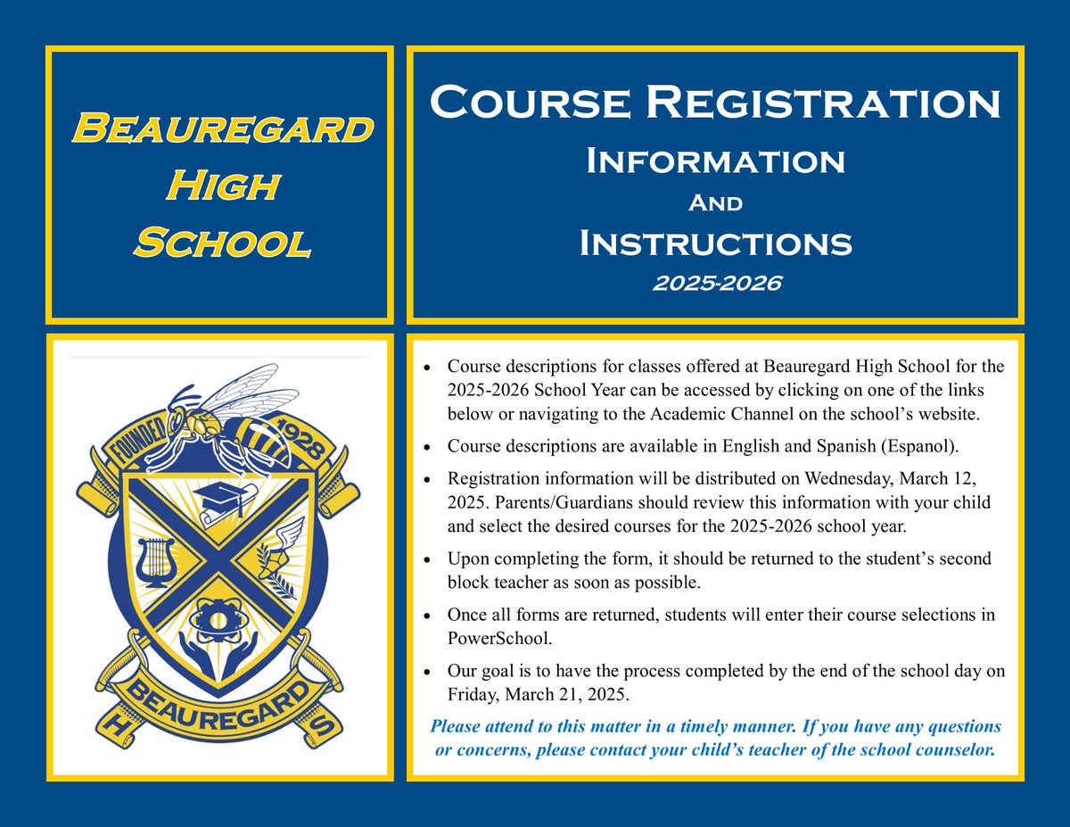 The course selection process for the 25-26 school year will begin on Wed., Mar. 12, 2025. Please review the information and instructions below.
Course descriptions can be accessed on the BgHS website:
bit.ly/BgHS_Class_Des…