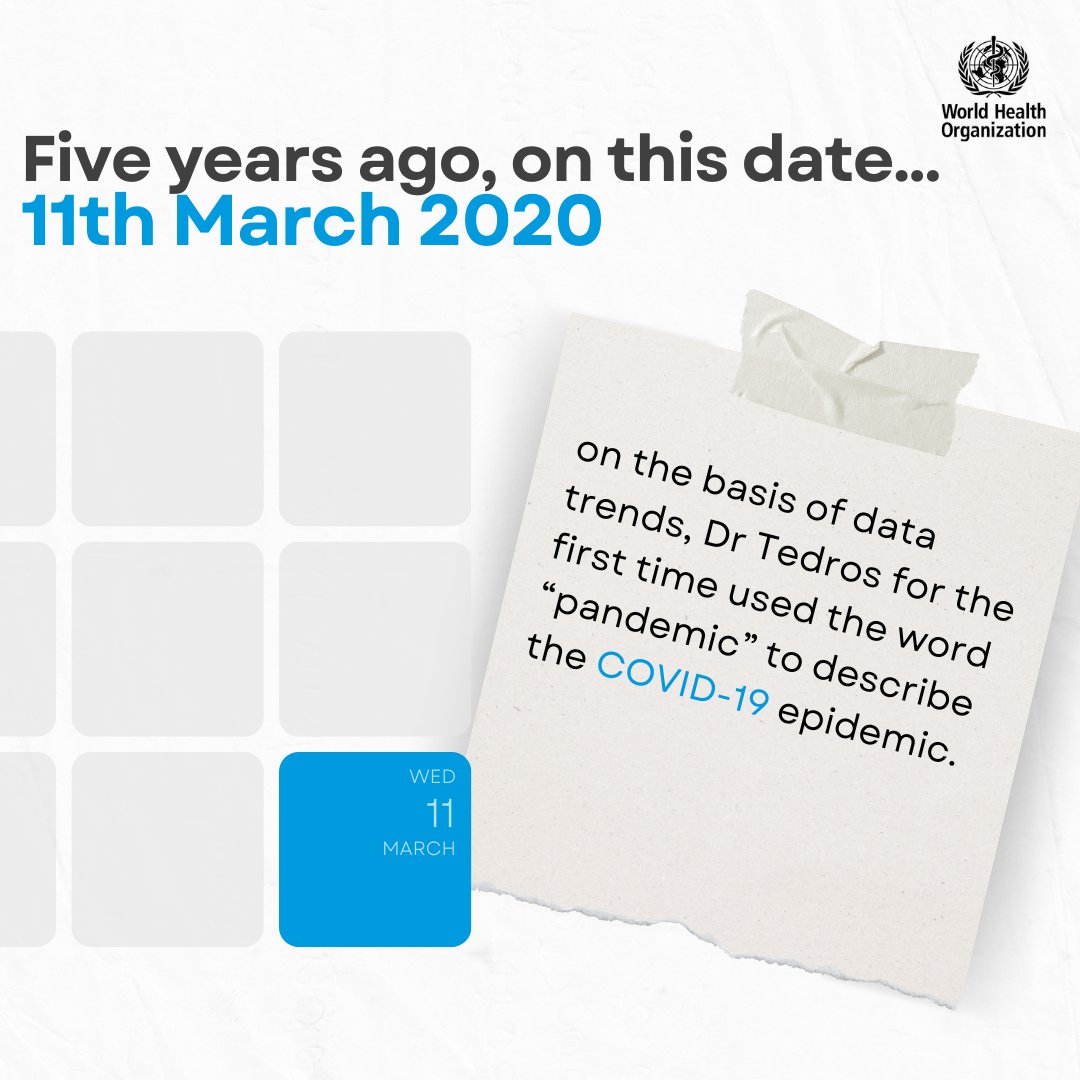 World Health Organization (WHO) (@who) on Twitter photo 5 years ago, on 11 March 2020, <a href="/DrTedros/">Tedros Adhanom Ghebreyesus</a> for the first time said that the #COVID19 epidemic was now a pandemic.
This decision was taken based on the escalating situation and some countries’ inaction.
🔗 bit.ly/3neFefP 5 years ago, on 11 March 2020, <a href="/DrTedros/">Tedros Adhanom Ghebreyesus</a> for the first time said that the #COVID19 epidemic was now a pandemic.
This decision was taken based on the escalating situation and some countries’ inaction.
🔗 bit.ly/3neFefP