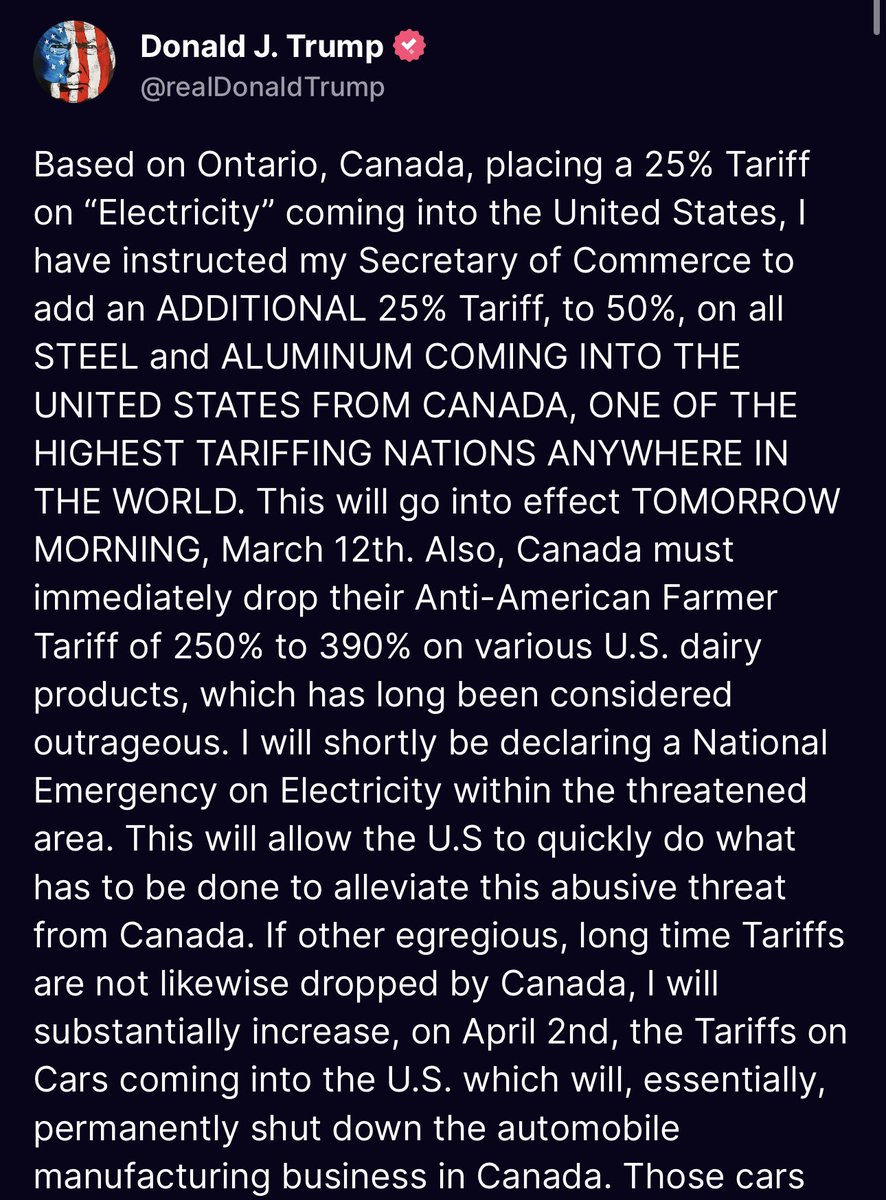 And now Trump and declared a national emergency and and escalated trade war with Canada. A deranged madman is running the country. Trump is nuts too.