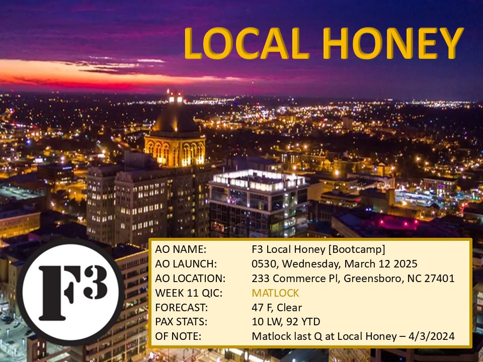 <a href="/F3Local_Honey/">F3 Local Honey</a> is under new management, but don't expect any reprieve. SYITG tomorrow for Week 11 with <a href="/AnthonyDonato68/">Anthony Donato</a> <a href="/F3Greensboro/">F3 Greensboro</a>