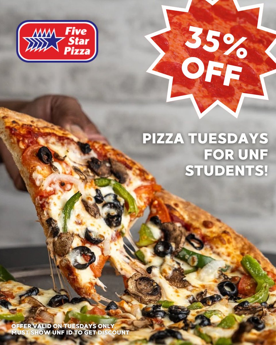 #AD 

Hungry for pizza at a discount? 
Show your UNF ID to 5 Star Pizza and receive a 35% discount on Pizza Tuesdays! We're open from 11am - 3am, walk-in or delivery.

Offer only valid on Tuesdays in UNF Town Center.

#UNF #studentdiscount #pizza #delivery