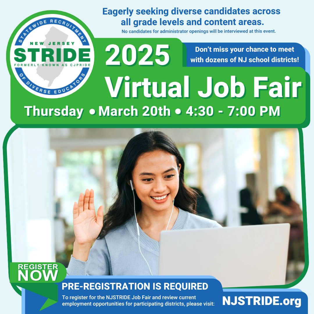 ‼️‼️Register today!!  
NJSTRIDE, formerly known as CJPRIDE, will hold its annual Job Fair on 3/20/25.
 NJSTRIDE.ORG
#Jobfair
#NJED
#TeachNJ