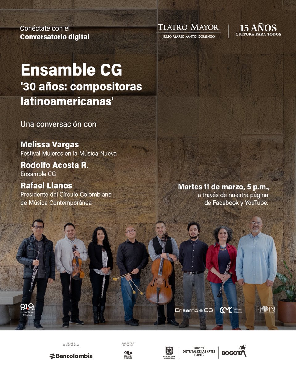 #Conversatorio 📢 | Esta tarde conoceremos más de '30 años: compositoras latinoamericanas', un concierto que llega al #TeatroEstudio del #TeatroMayor a cargo del Ensamble CG y con la colaboración entre el <a href="/ccmc_musica_co/">Círculo Colombiano de Música Contemporánea - CCMC</a>  y el <a href="/festivalmmn/">Festival Mujeres en la Música Nueva</a>.

📅Este 11 de marzo a las 5 p.m.