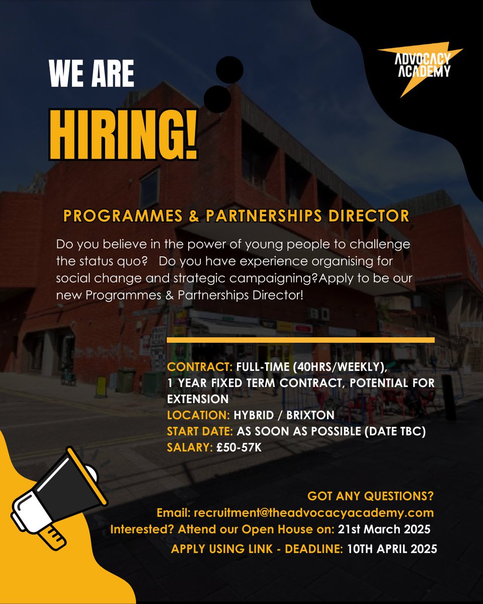 The Advocacy Academy (@advocacyacademy) on Twitter photo WE ARE HIRING!!
Programmes and Partnerships Director
Do you believe in the power of young people to challenge the status quo? 📣
To join our Open House on the 21st March send an email to recruitment@theadvocacyacademy.com 🏡
Apply Here: tr.ee/Mgv7k2_QCs WE ARE HIRING!!
Programmes and Partnerships Director
Do you believe in the power of young people to challenge the status quo? 📣
To join our Open House on the 21st March send an email to recruitment@theadvocacyacademy.com 🏡
Apply Here: tr.ee/Mgv7k2_QCs