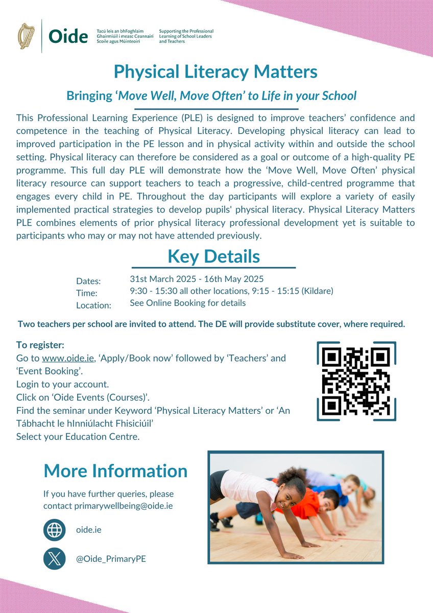 Oide Primary Physical Education (@oide_primarype) on Twitter photo Fógra tábhachtach
Would you like to know how to develop physical literacy through your PE lessons? If so, our upcoming full day PLE is for you!
Registration now open - oide.ie/teachers/ Sub cover is provided for up to two teachers per school, where required. <a href="/oide_Ireland/">Oide Schools' Support Service, Ireland</a> Fógra tábhachtach
Would you like to know how to develop physical literacy through your PE lessons? If so, our upcoming full day PLE is for you!
Registration now open - oide.ie/teachers/ Sub cover is provided for up to two teachers per school, where required. <a href="/oide_Ireland/">Oide Schools' Support Service, Ireland</a>