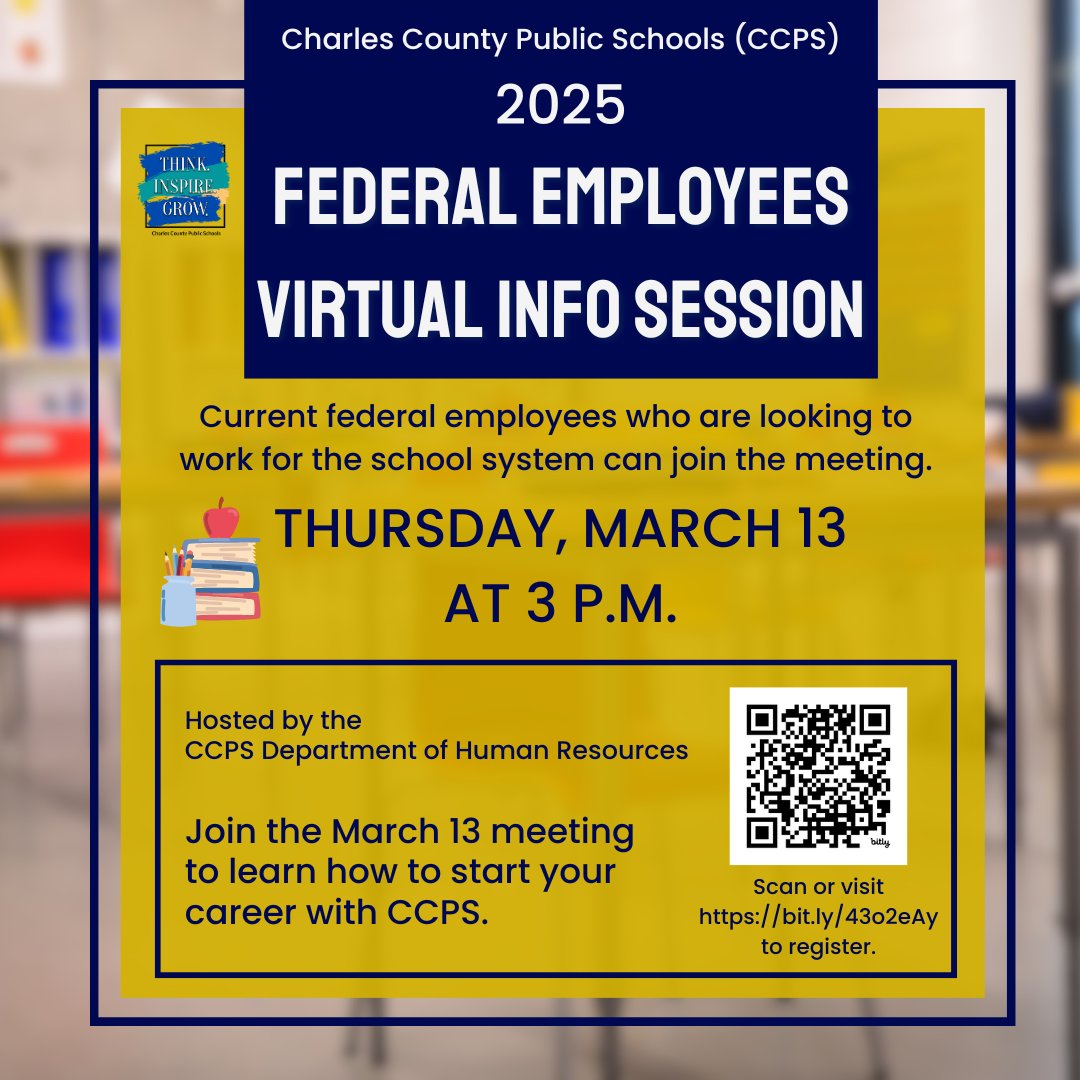 Current federal employees who are looking to work for the school system can join the virtual information session hosted by the CCPS Department of Human Resources on Thursday, March 13 at 3 p.m. Visit the CCPS careers page for more at ccboe.com/careers.