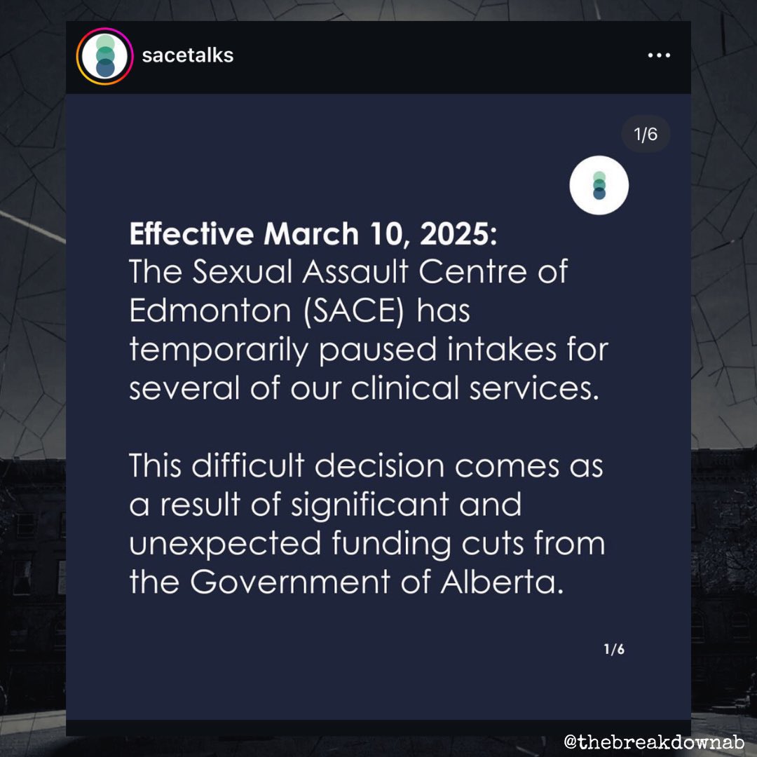 Just a reminder that due to funding cuts The Sexual Assault Centre of Edmonton is pausing intakes for clients. These are CRITICAL services that save lives. They saved mine. 
Please contact your MLA before the legislature passes the budget and ask to reverse these cuts. #ableg