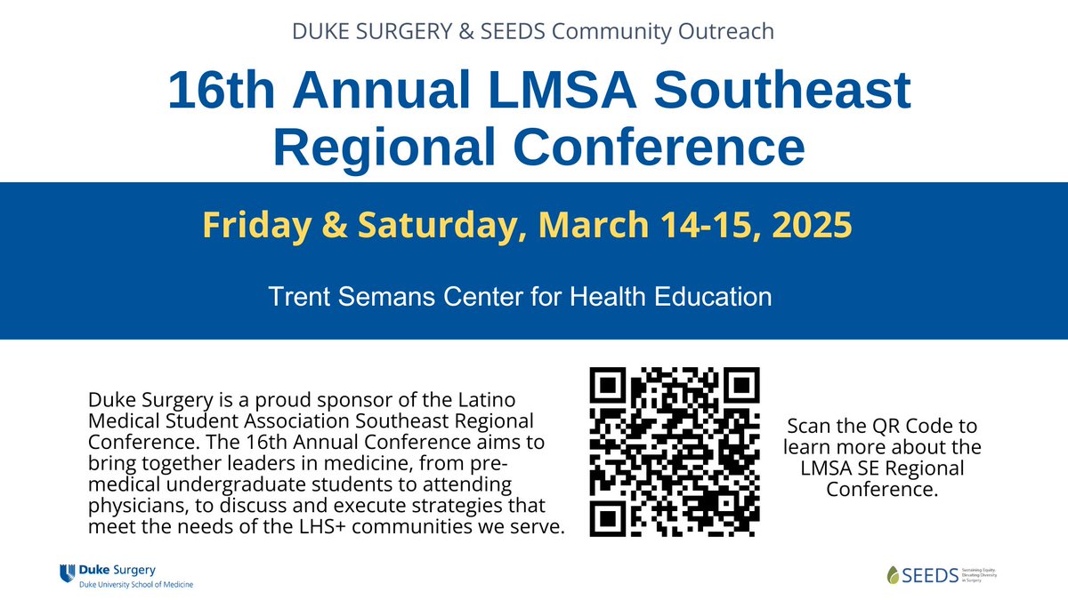 Rodney Reeves (@rodneyreevesedi) on Twitter photo <a href="/DukeSurgery/">Duke Surgery</a> is proud to be a sponsor of the 16th Annual LMSA Southeast Regional Conference, March 14-16, 2025, at the Duke University School of Medicine. Please join us to learn from & be inspired by the next generation of LHS+ physicians. <a href="/DukeSurgery/">Duke Surgery</a> is proud to be a sponsor of the 16th Annual LMSA Southeast Regional Conference, March 14-16, 2025, at the Duke University School of Medicine. Please join us to learn from & be inspired by the next generation of LHS+ physicians.