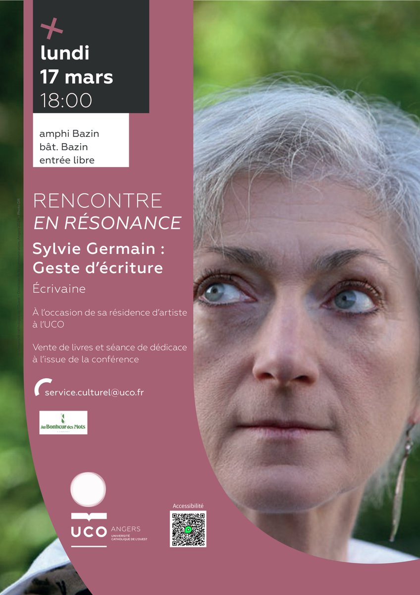 📖 Sylvie Germain sera à l'UCO pour une rencontre dans le cadre du cycle "En Résonance" autour du "Geste d'écriture". Une occasion privilégiée d’échanger avec cette écrivaine de renom à l’occasion de sa résidence d’artiste à l'UCO.