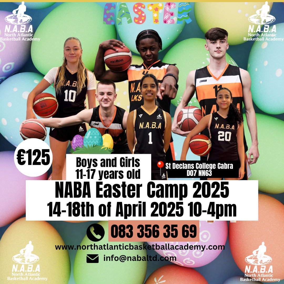 North Atlantic Basketball Academy (@nabaireland) on Twitter photo Join us for the NABA Easter Camp 2025 at St. Declan's College, Cabra! This exciting camp is open to boys and girls aged 11-17 and will take place from April 14th to 18th, running daily from 10 AM to 4 PM.
The price of the camp is โฌ125 , email info@nabaltd.com for registration. Join us for the NABA Easter Camp 2025 at St. Declan's College, Cabra! This exciting camp is open to boys and girls aged 11-17 and will take place from April 14th to 18th, running daily from 10 AM to 4 PM.
The price of the camp is โฌ125 , email info@nabaltd.com for registration.