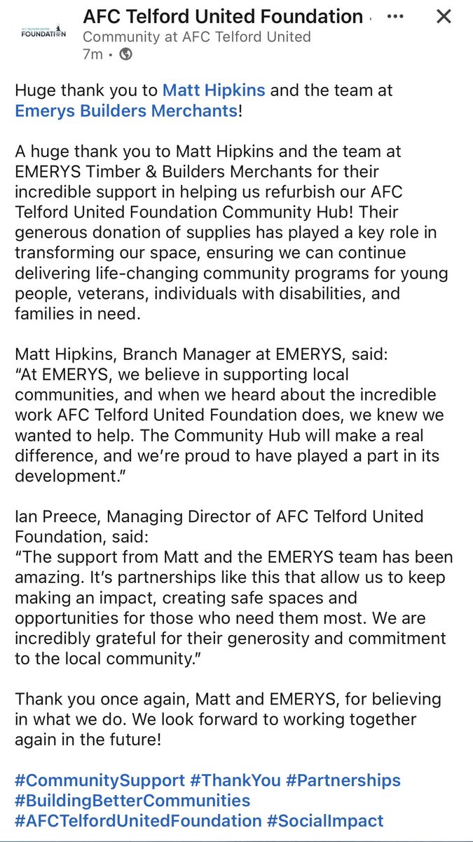 Huge thank you to Matt Hipkins and the team at EMERYS Timber &amp; Builders Merchants!

Their incredible support and generous supply donations have been instrumental in helping us refurbish our AFC Telford United Foundation Community Hub