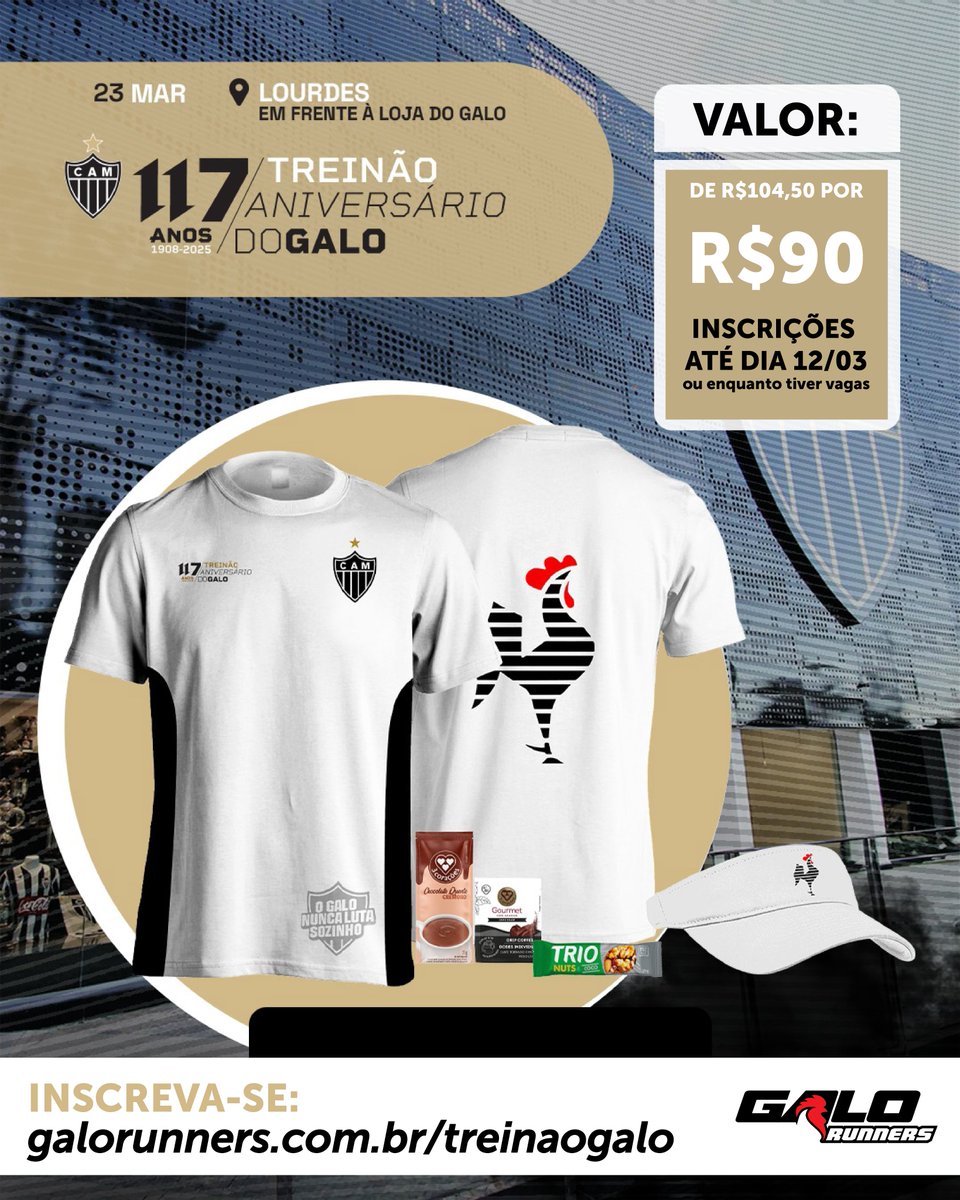 De R$104,50 por R$90.
Isso mesmo, fazendo a inscrição pro Treinão do Galo com a Galo Runners você paga menos. 
Tá acabando pessoal.
Corram!!!
Só acessar galorunners.com.br/treinaogalo pra se garantir. 

Bora correr também, <a href="/faelslim/">Fael Lima</a> ?
