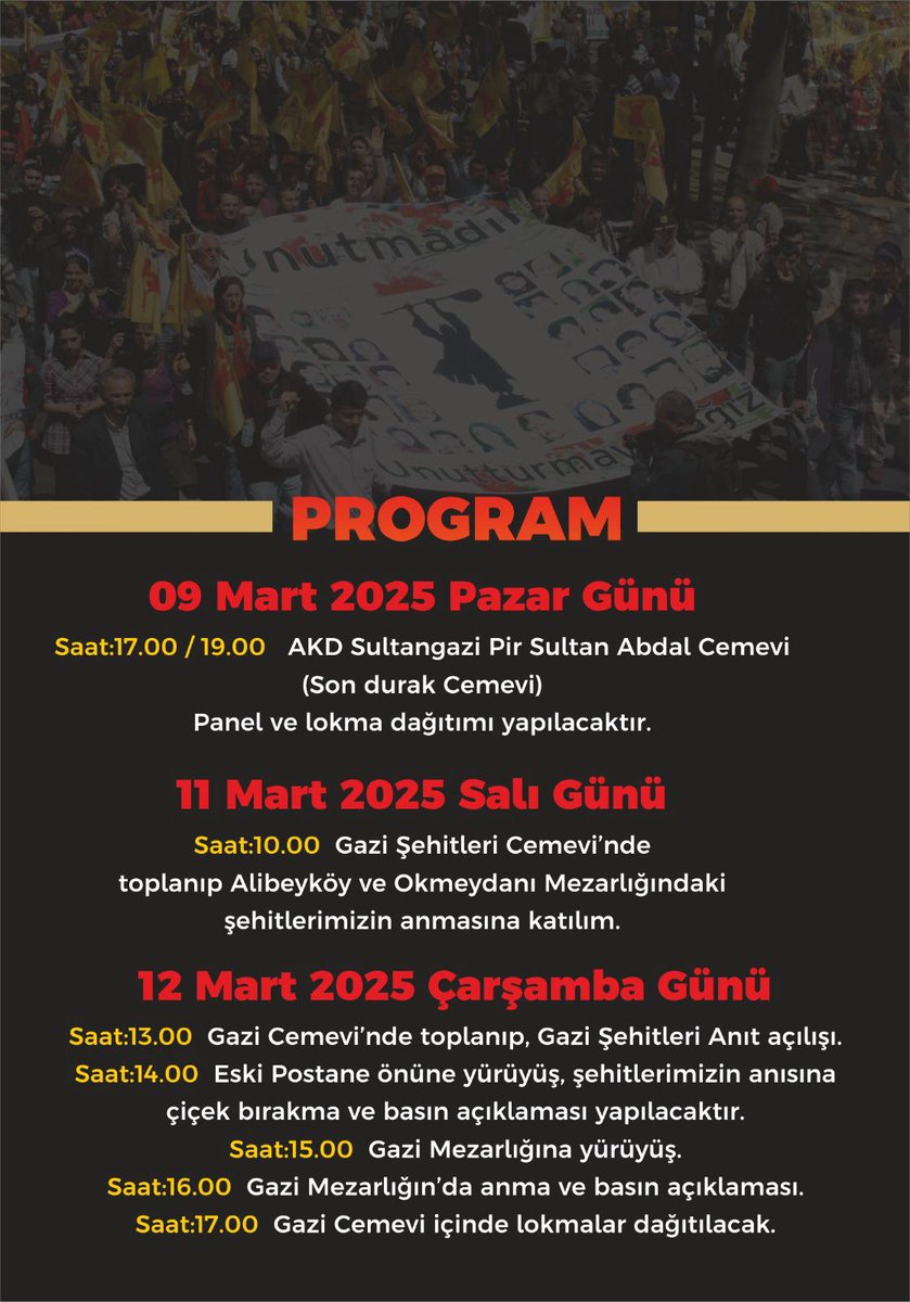 30. Yılında Gazi Mahallesinde katledilen canlarımızı anıyoruz.
12 Mart Çarşamba saat 13.00 de Gazi Cemevi önünde toplanıyoruz, tüm canlara davetimizdir.