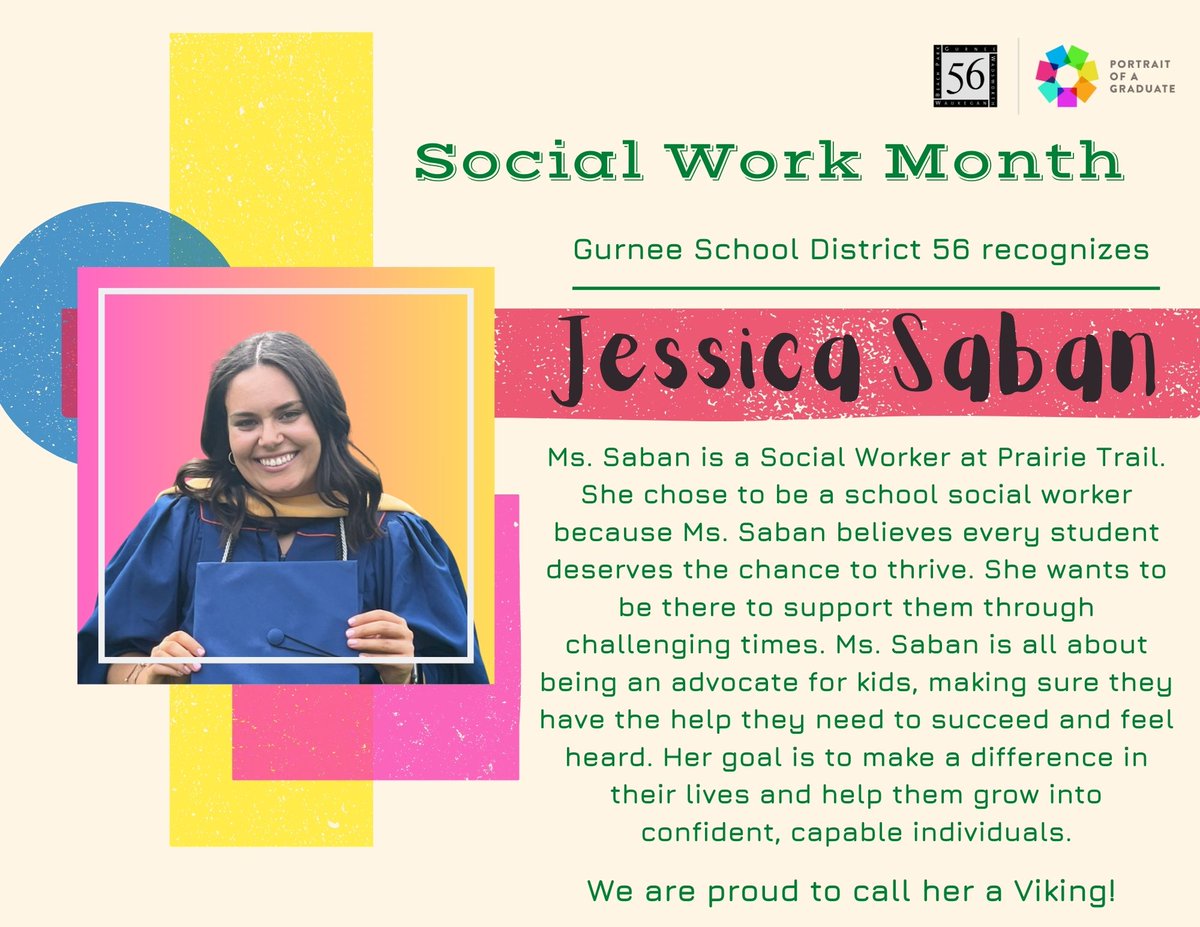 Gurnee School District 56 is excited to share an employee spotlight with you!

Ms. Jessica Saban Prairie Trail School - Social Worker.

Thank you for all the hard work you do!