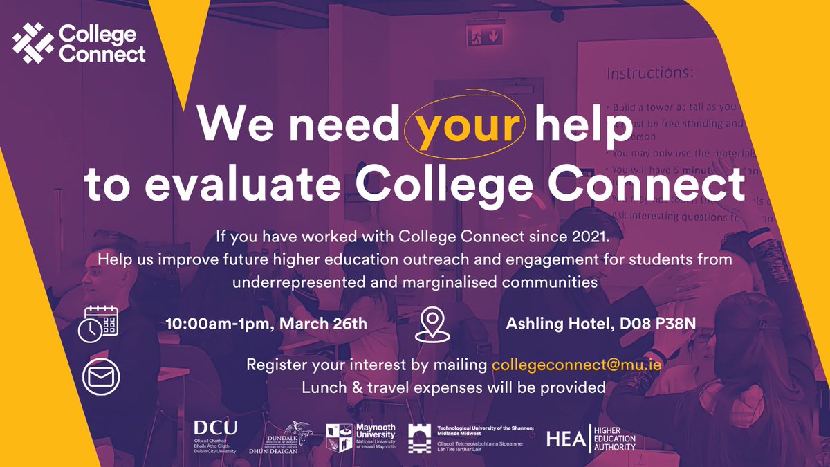 College_Connect (@mend_cc) on Twitter photo College Connect is undergoing an external evaluation to improve higher education outreach and engagement with underrepresented groups in the MEND region.
If you have engaged with College Connect since 2021, please contact us at collegeconnect@mu.ie to register. College Connect is undergoing an external evaluation to improve higher education outreach and engagement with underrepresented groups in the MEND region.
If you have engaged with College Connect since 2021, please contact us at collegeconnect@mu.ie to register.