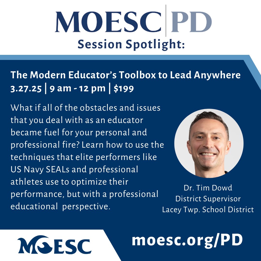 #MOESCPD Session Spotlight 🔦

"The Modern Educator’s Toolbox to Lead Anywhere: Get More Done and Make a Greater Impact on Your Students and Community"

Presented by Dr. Tim Dowd, Lacey Twp School District

👉 moesc.org/PD