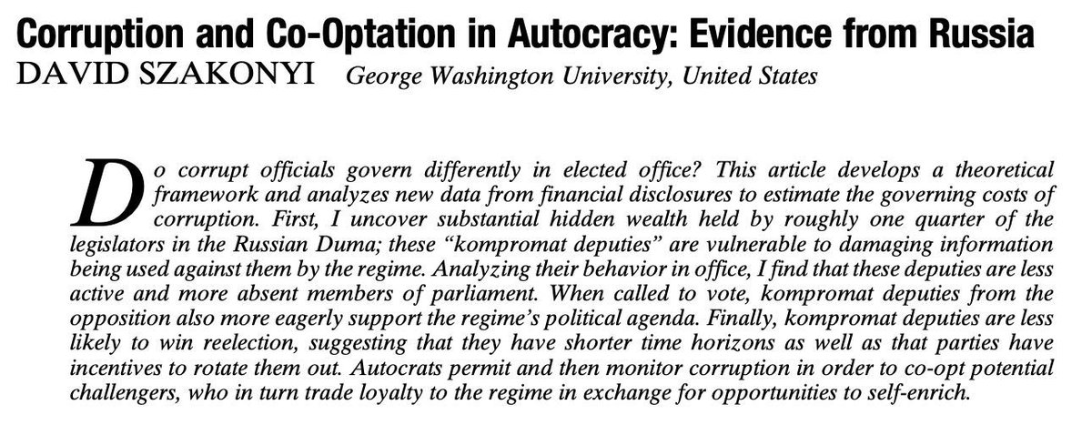 From our new issue: "Corruption and Co-Optation in Autocracy: Evidence from Russia" by David Szakonyi. #APSRNewIssue cambridge.org/core/journals/…