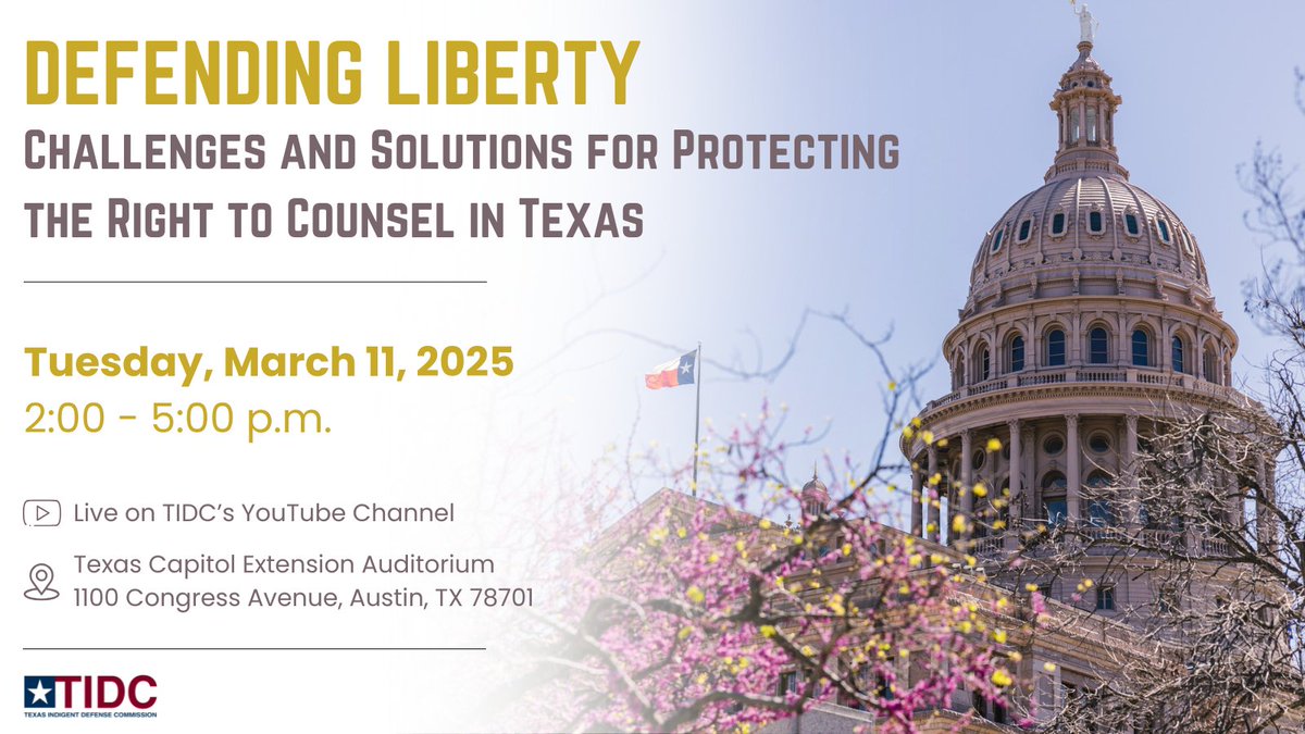 Today is the day! Join us at the Capitol Extension Auditorium for engaging discussions about what state and local leaders are doing to address the public defense challenges of Texas. 

Register here: TIDCDefendingLiberty.eventbrite.com