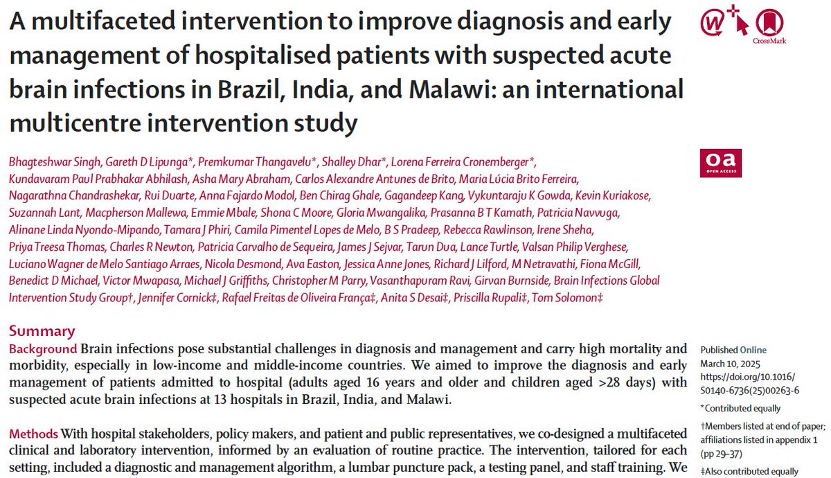 BrainInfectionsGlobal (@biglobal_nihr) on Twitter photo Our intervention package improved #brain #infection diagnosis & management in Brazil India & Malawi
Published in <a href="/TheLancet/">The Lancet</a>
doi.org/10.1016/S0140-ā¦
Short video: youtu.be/6d2-x_AS0F0
<a href="/LivUni/">University of Liverpool</a> <a href="/cmcvelloreoff/">CMC Vellore</a> <a href="/NIMHANS_BLR/">NIMHANS, Bengaluru</a> <a href="/fiocruz/">Fiocruz</a> <a href="/MLW_Programme/">Malawi Liverpool Wellcome Programme</a> <a href="/KUHeS_mw/">Kamuzu University of Health Sciences</a> <a href="/encephalitis/">Encephalitis International</a> <a href="/LSTMnews/">LSTM</a> Our intervention package improved #brain #infection diagnosis & management in Brazil India & Malawi
Published in <a href="/TheLancet/">The Lancet</a>
doi.org/10.1016/S0140-ā¦
Short video: youtu.be/6d2-x_AS0F0
<a href="/LivUni/">University of Liverpool</a> <a href="/cmcvelloreoff/">CMC Vellore</a> <a href="/NIMHANS_BLR/">NIMHANS, Bengaluru</a> <a href="/fiocruz/">Fiocruz</a> <a href="/MLW_Programme/">Malawi Liverpool Wellcome Programme</a> <a href="/KUHeS_mw/">Kamuzu University of Health Sciences</a> <a href="/encephalitis/">Encephalitis International</a> <a href="/LSTMnews/">LSTM</a>