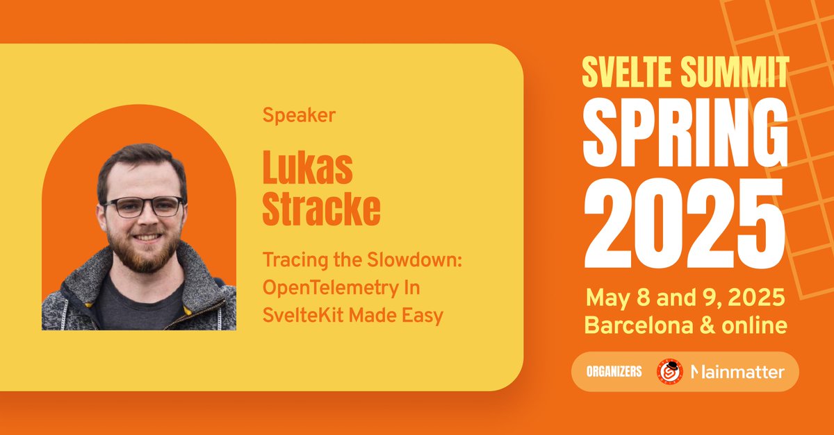 Svelte Society 🧡 (@sveltesociety) on Twitter photo What happens when your SvelteKit app slows down? Lukas Stracke <a href="/lukasstracke/">Lukas Stracke</a> will show you how to trace bottlenecks with OpenTelemetry—and why it’s trickier than you’d expect. Catch this at Svelte Summit Spring 2025! What happens when your SvelteKit app slows down? Lukas Stracke <a href="/lukasstracke/">Lukas Stracke</a> will show you how to trace bottlenecks with OpenTelemetry—and why it’s trickier than you’d expect. Catch this at Svelte Summit Spring 2025!