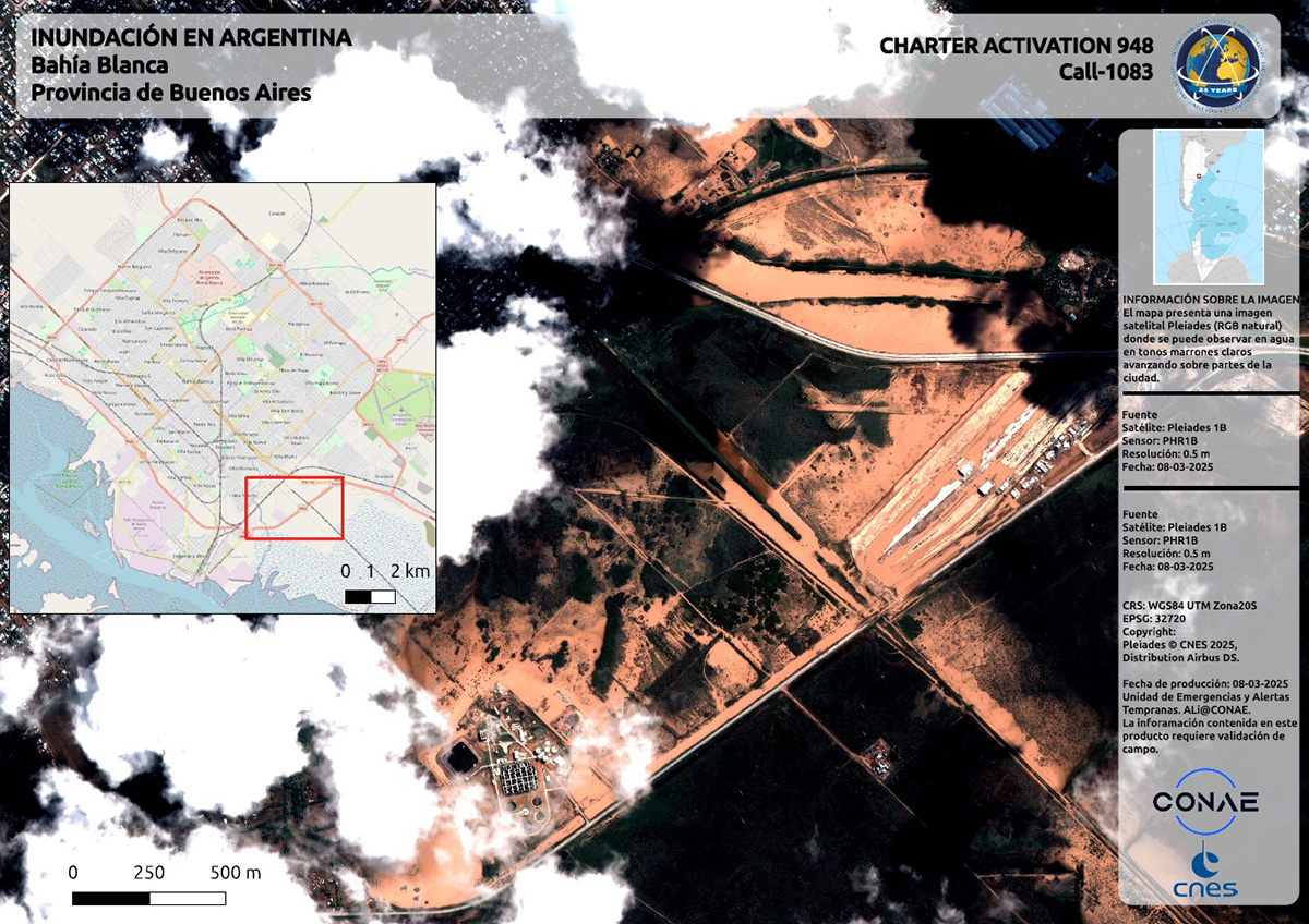 DisastersChart's tweet image. The Charter has been activated to provide satellite data over a flood in Argentina: bit.ly/4iera22
Our first maps of the disaster look at areas affected by the flood at Bahía Blanca.