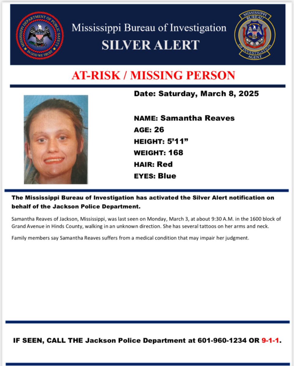 Cancelled Silver Alert!!!

The Silver Alert issued for Samantha Reaves has been canceled.  She has been located and is safe.