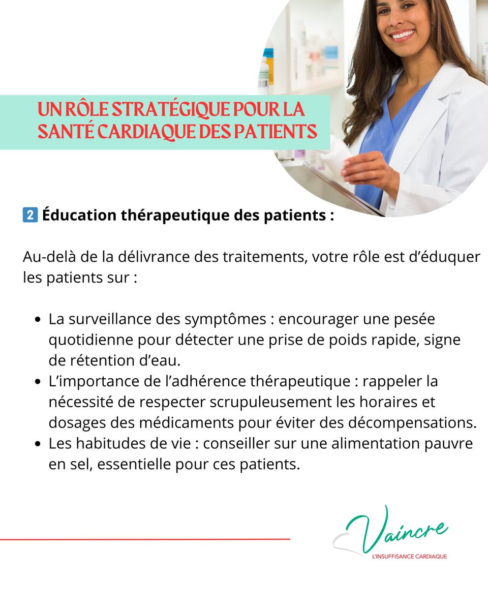 💊 Pharmaciens et #insuffisancecardiaque : des alliés précieux pour les patients.

Leur rôle va bien au-delà de la simple délivrance de #médicaments.💉

🔗 vaincrelinsuffisancecardiaque.org/le-role-du-pha…