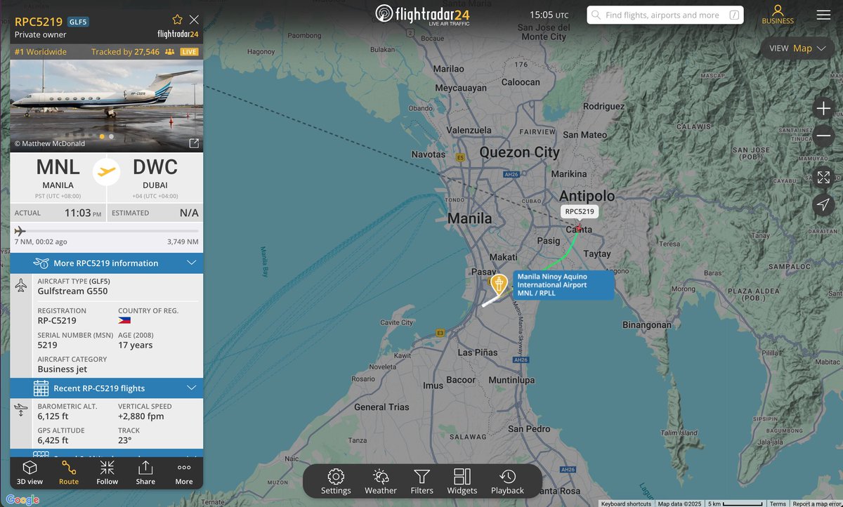 Currently #1 on Flightradar24 is #RPC5219, believed to be carrying former president of the Philippines  Rodrigo Duterte, who is being flown to the Netherlands via Dubai after being arrested on an ICC warrant. flightradar24.com/RPC5219/396fca…