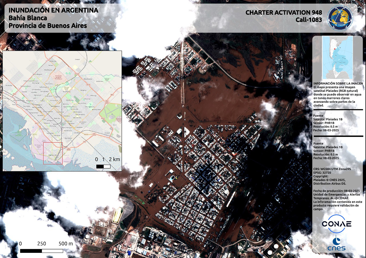 DisastersChart's tweet image. The Charter has been activated to provide satellite data over a flood in Argentina: bit.ly/4iera22
Our first maps of the disaster look at areas affected by the flood at Bahía Blanca.