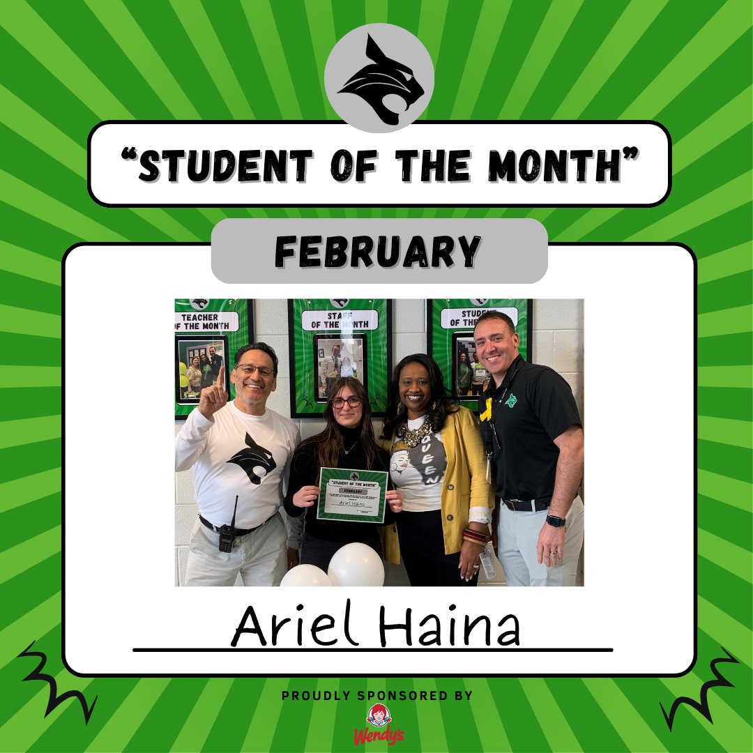 Let's congratulate our February Teacher of the Month: Ms. Irwin
Staff of the Month: Ms. Weatherspoon
Student of the Month: Ariel Haina
#itsbettertobeabobcat