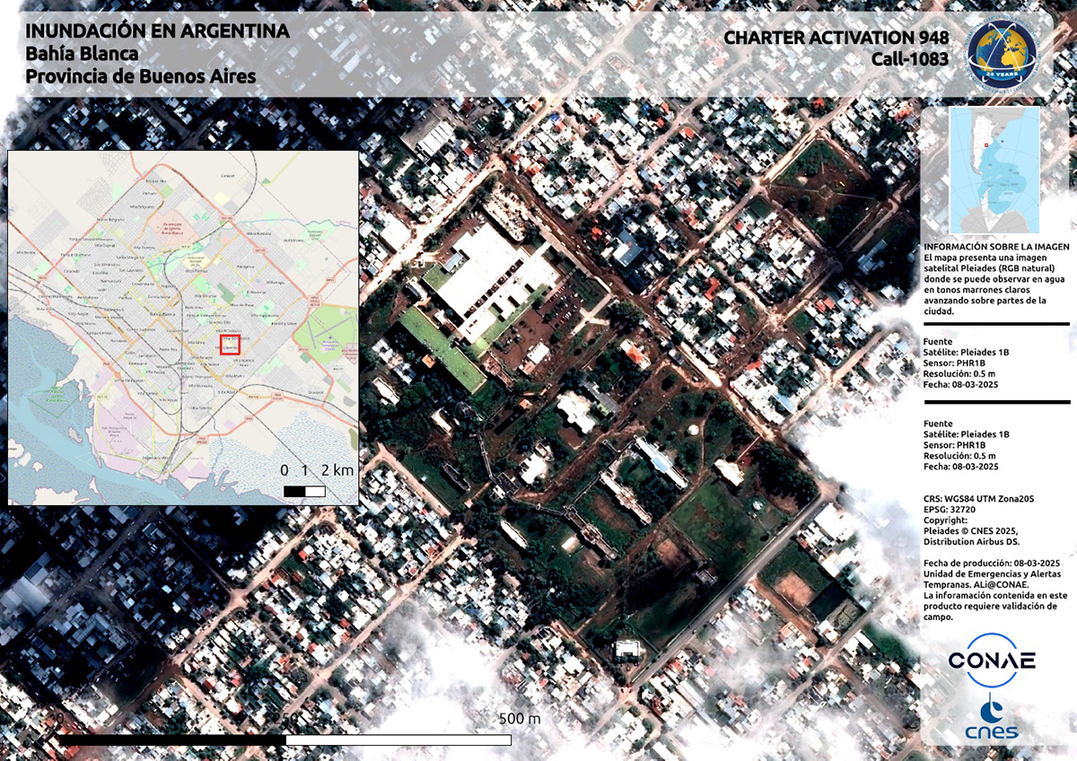DisastersChart's tweet image. The Charter has been activated to provide satellite data over a flood in Argentina: bit.ly/4iera22
Our first maps of the disaster look at areas affected by the flood at Bahía Blanca.
