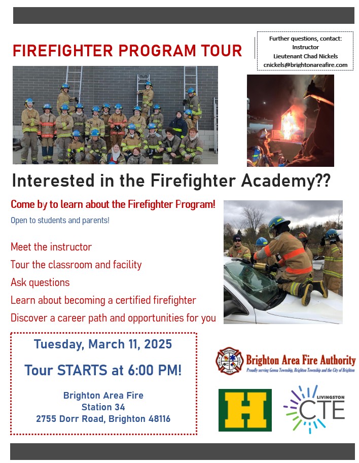 Liv County 10th and 11th grade students...join us tonight to learn about our Firefighter CTE Program!  Tour starts at 6:00 PM!  #lesa #cte #Brighton #Fowlerville #Hartland #Howell #Pinckney