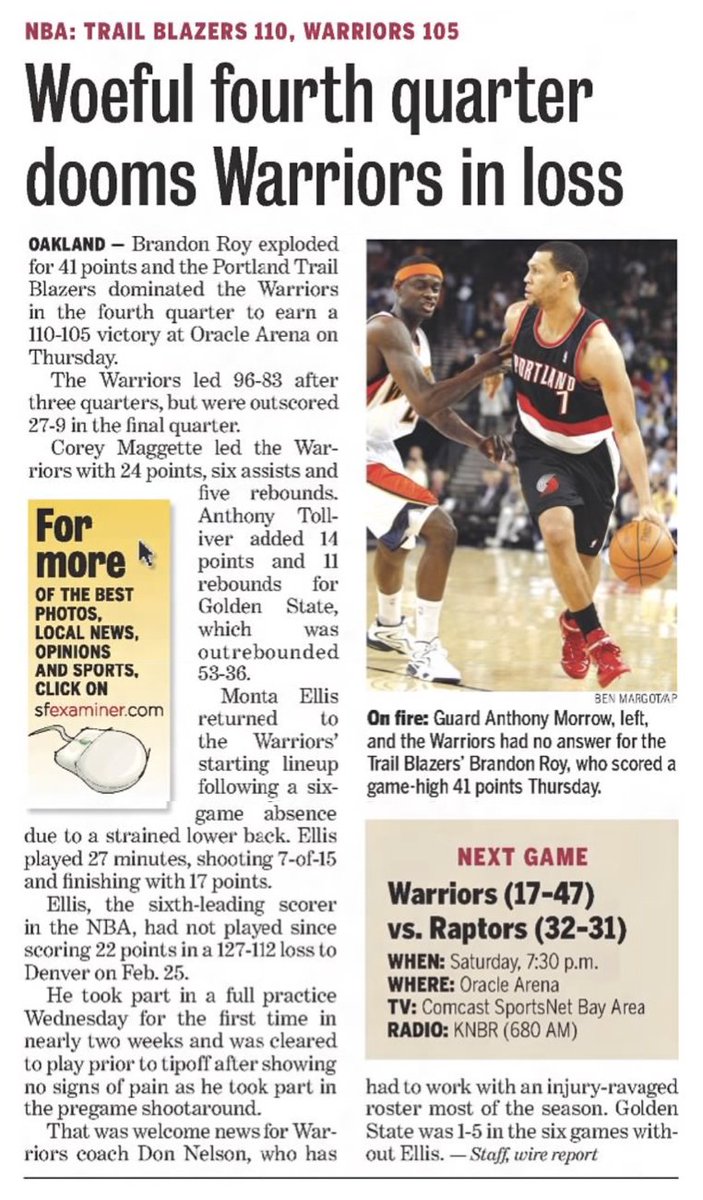 77Blazers's tweet image. March 11 2010 - #BrandonRoy scored 41 points to lead the @trailblazers past the @warriors to stop a 9-game losing streak at the #OracleArena.

Roy, who connected on 13-of-17 FTA, also grabbed 8 rebounds. &quot;This was almost like a must-win for us,&quot; said Roy as the #Blazers moved…