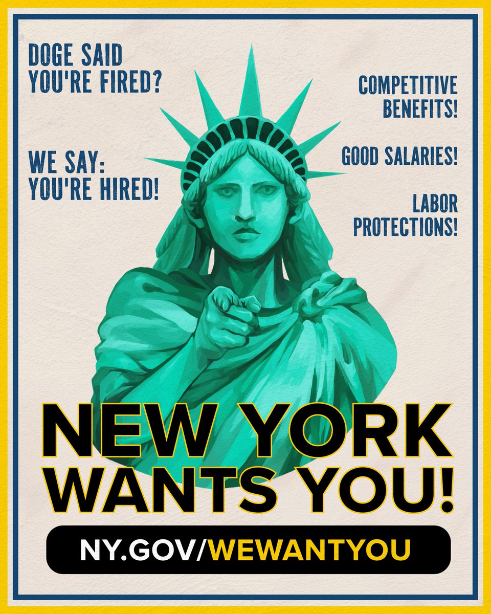 If you or someone you know lost their federal job, New York is hiring. Good jobs, real benefits, and a state that values your contributions. Learn more: ny.gov/wewantyou