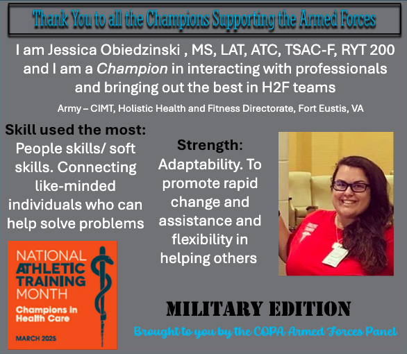 Athletic trainers in the armed forces play a critical role in injury prevention, rehabilitation, and human performance optimization. This month, we honor their service! 🇺🇸✨ #NATM2025