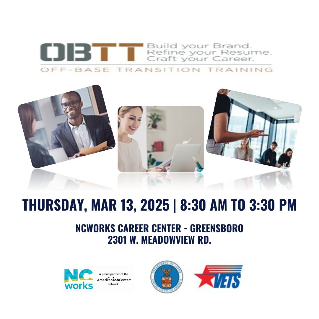 Are you looking for assistance in your employment search? Off-Base Transition Training is a great place to start. Join us this Thursday, March 13 from 8:30 to 3:30 and visit the link in bio to learn more and register today! #PoweredbyGuilfordWorks #veterans