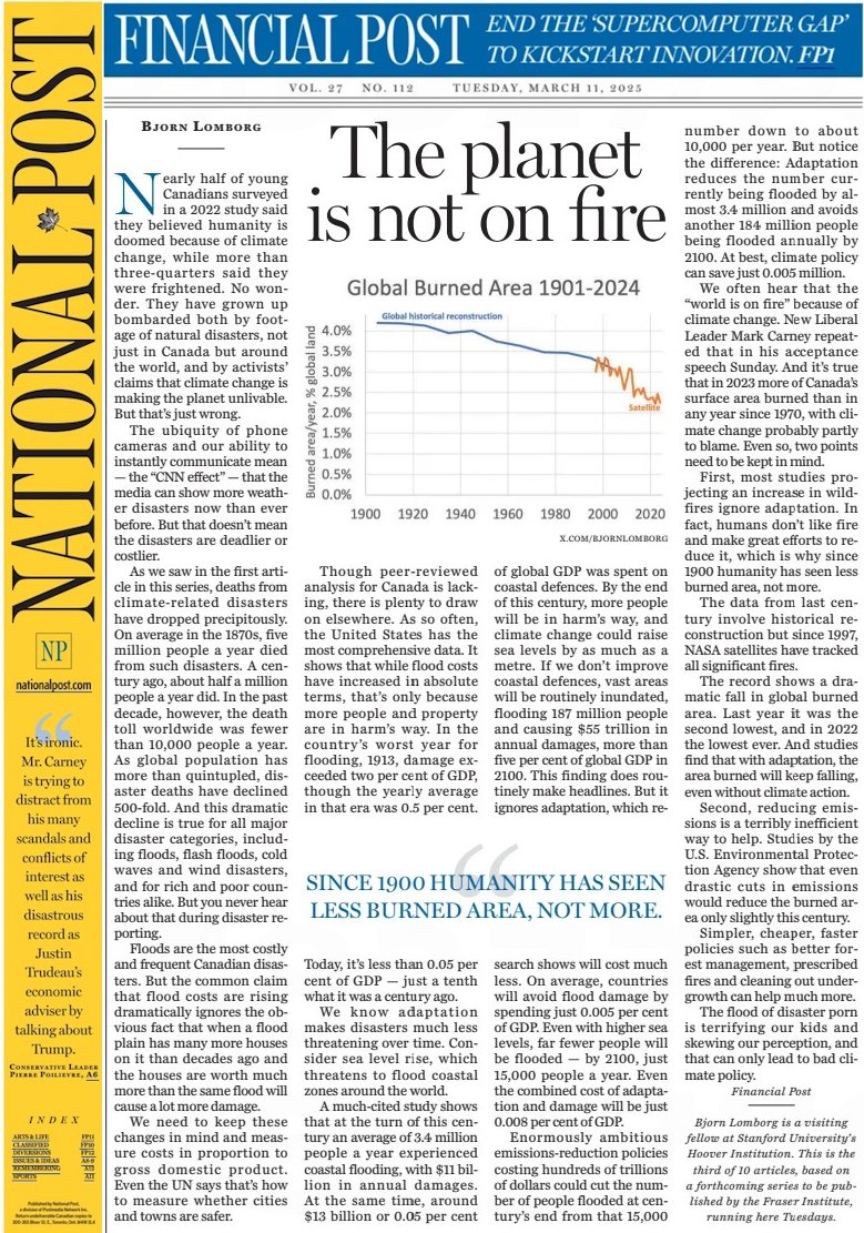 Nearly half of young Canadians believe we're doomed because of climate change. No wonder. They've grown up bombarded both by footage of natural disasters, and by activists’ claims that climate change is making the planet unliveable. But that’s just wrong.

financialpost.com/opinion/bjorn-…