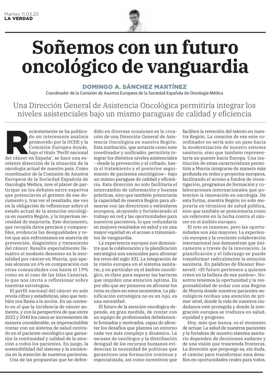 Domingo Antonio (@dosanz10) on Twitter photo Soñemos con un futuro oncológico de vanguardia.
Un último artículo en <a href="/laverdad_es/">laverdad_es</a> donde hablo de una posible herramienta que permitiría mejorar la coordinación, modernizar el sistema y potenciar la innovación en oncología nuestra Región.💡🎗️ #Oncología #SaludPública #innovacion Soñemos con un futuro oncológico de vanguardia.
Un último artículo en <a href="/laverdad_es/">laverdad_es</a> donde hablo de una posible herramienta que permitiría mejorar la coordinación, modernizar el sistema y potenciar la innovación en oncología nuestra Región.💡🎗️ #Oncología #SaludPública #innovacion