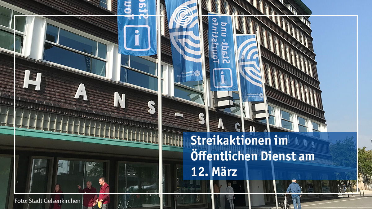 Stadt Gelsenkirchen (@_gelsenkirchen_) on Twitter photo Die Gewerkschaft ver.di hat ihre im Öffentlichen Dienst tätigen Mitglieder für Mittwoch, 12. März, zu einem ganztägigen Streik aufgerufen. Angebote in verschiedenen Bereichen der Stadtverwaltung #Gelsenkirchen werden beeinträchtigt: t1p.de/4p350 Die Gewerkschaft ver.di hat ihre im Öffentlichen Dienst tätigen Mitglieder für Mittwoch, 12. März, zu einem ganztägigen Streik aufgerufen. Angebote in verschiedenen Bereichen der Stadtverwaltung #Gelsenkirchen werden beeinträchtigt: t1p.de/4p350