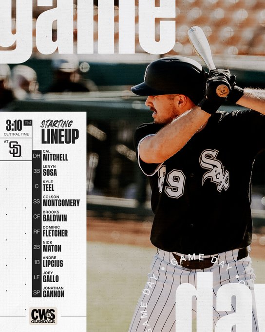 Chicago White Sox Spring Training Starting Lineup for March 11 at 3:10PM CT at San Diego Padres:
Cal Mitchell, designated hitter;
Lenyn Sosa, third base;
Kyle Teel, catcher (picture shown);
Colson Montgomery, shortstop;
Brooks Baldwin, center field;
Dominic Fletcher, right field;
Nick Maton, second base;
Andre Lipcius, first base;
Joey Gallo, left field;
starting pitcher: Jonathan Cannon