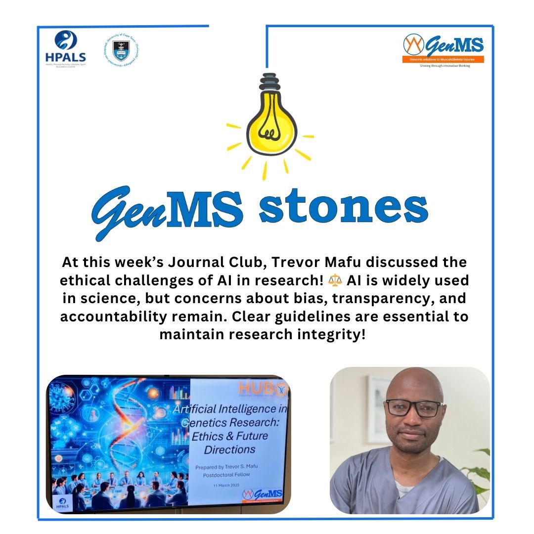 GenMS_UCT's tweet image. GenMS stones 💎
At this week’s Journal Club, Trevor Mafu led a thought-provoking discussion on the ethical challenges of AI in genetics research!
What are your thoughts on AI in research ? 🤔❔