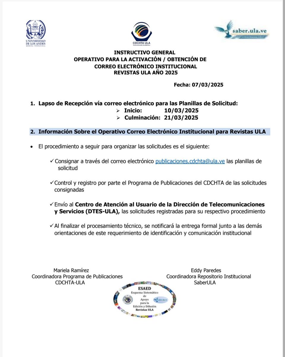 Estimados editores de revistas #ULA el programa de publicaciones del CDCHTA se encuentra realizando un operativo de activación/obtención de correo electrónico institucional. Hasta el próximo 21 de marzo de 2025. Sigue el instructivo para participar
