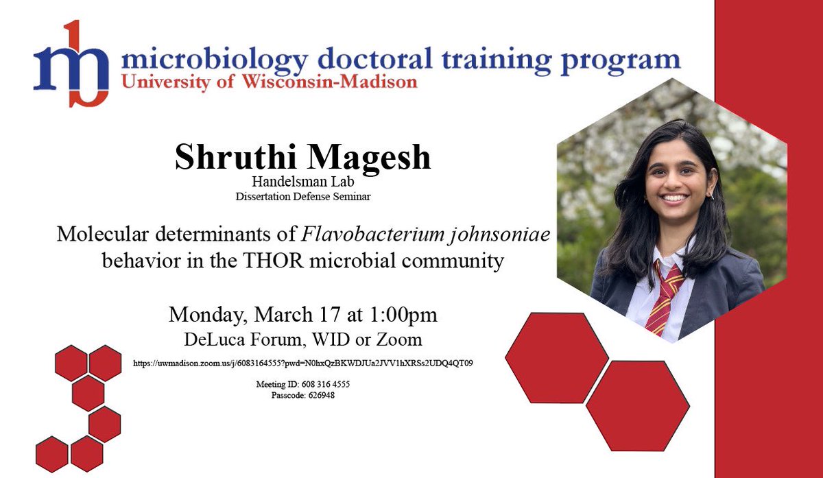 Shruthi Magesh (@mageshshruthi) on Twitter photo I’m defending next week!!!
Join me in person on 17th March at 1pm CDT at the DeLuca Forum, WID or virtually on zoom.
Zoom link is available in the flyer!
<a href="/UWMadisonMDTP/">Microbiology Doctoral Training Program</a> #PhD I’m defending next week!!!
Join me in person on 17th March at 1pm CDT at the DeLuca Forum, WID or virtually on zoom.
Zoom link is available in the flyer!
<a href="/UWMadisonMDTP/">Microbiology Doctoral Training Program</a> #PhD