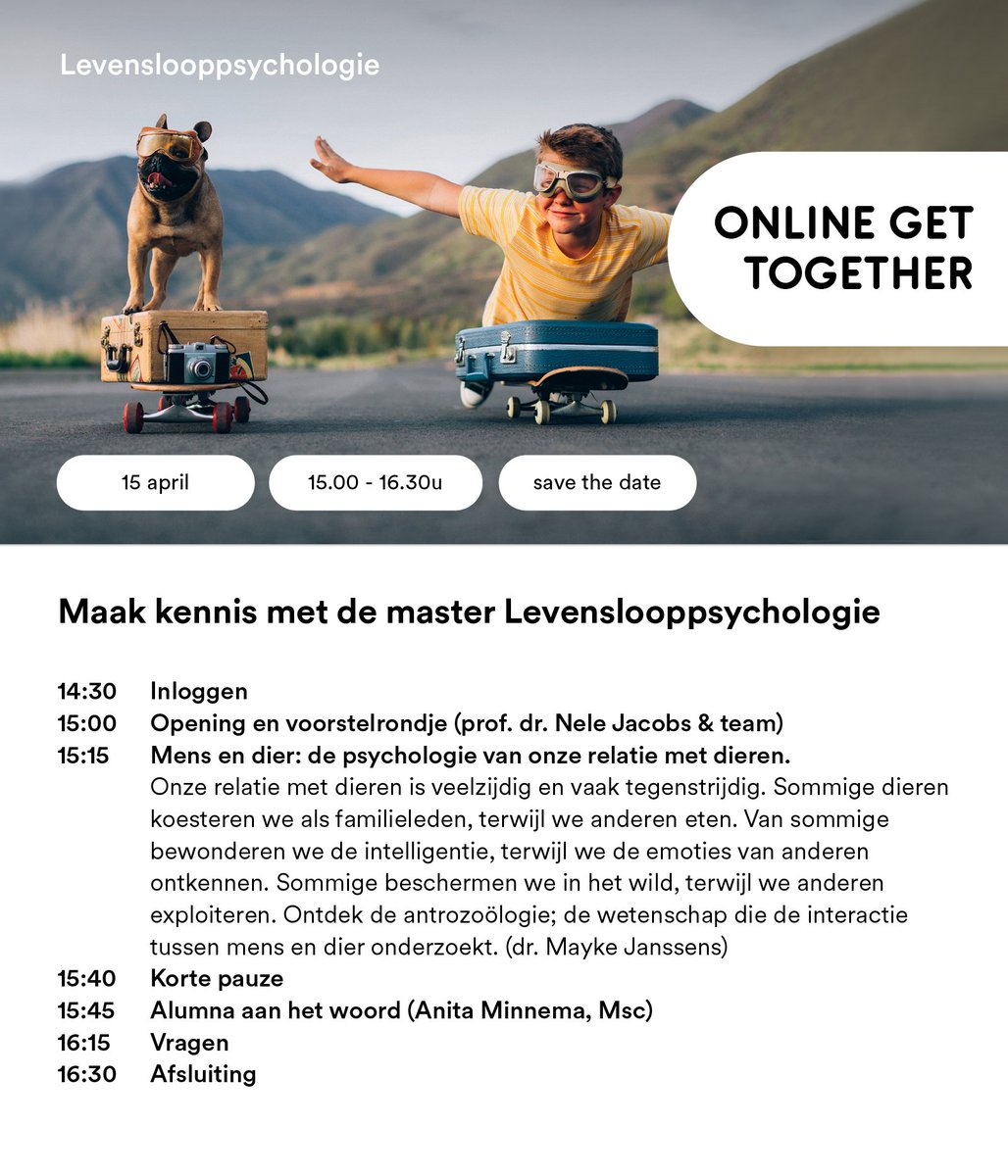 📷 Save the date📷
Wil je meer weten over de master Levenslooppsychologie en kennis maken met ons  docententeam.
Omcirkel dan alvast 15 april in je agenda en ontmoet ons bij de (gratis) online Get Together.
Aanmelden: shorturl.at/i2mIB
We kijken ernaar uit je te ontmoeten📷