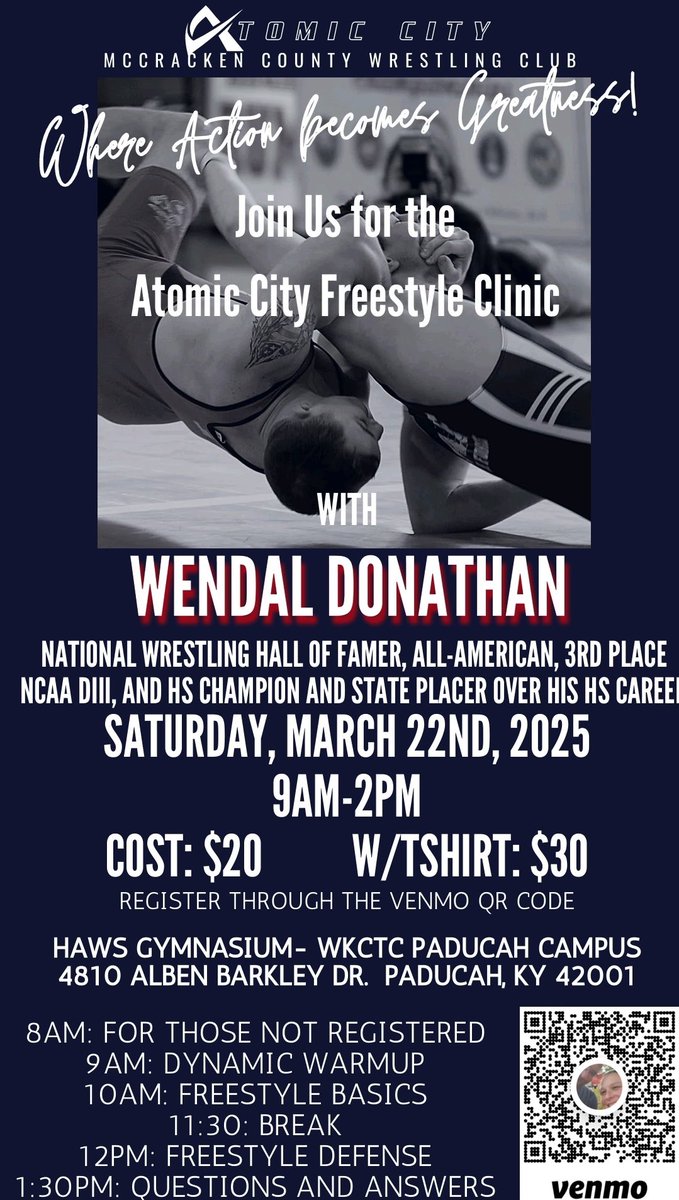 Freestyle Wrestling Clinic hosted by McCracken County/Atomic City Wrestling Club on Sat. 3/22 at WKCTC Gym…