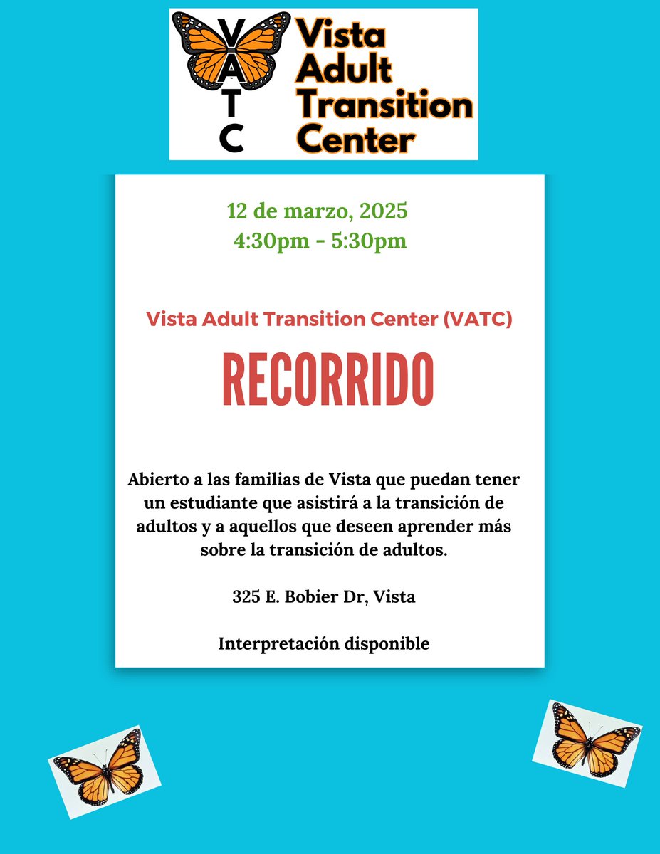 VATC tour for potential future students, and those who would like to learn more about adult transition.  Wed. March 12 from 4:30 - 5:30pm.