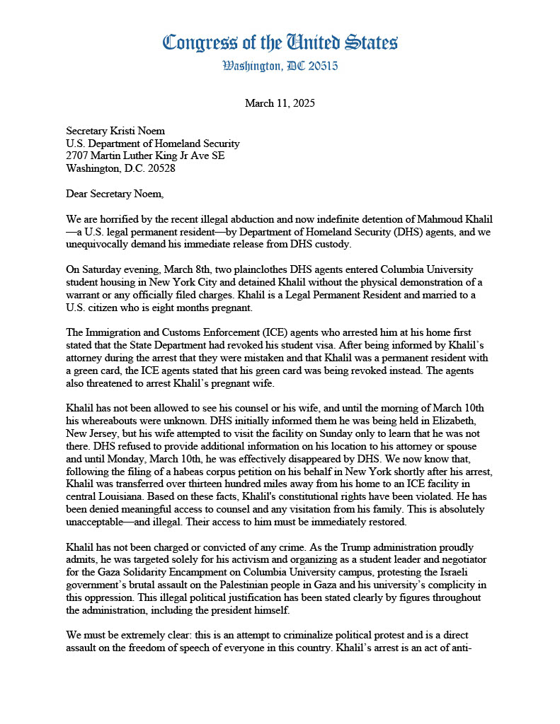 kenklippenstein's tweet image. Only 14 congresspeople signed this letter calling for the release of Mahmoud Khalil